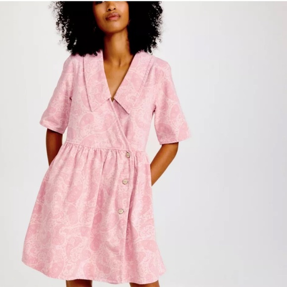 GANNI Denim Paisley Floral Boho Oversized Mini Wrap Dress 12 Pink XL (44) - Picture 2 of 16